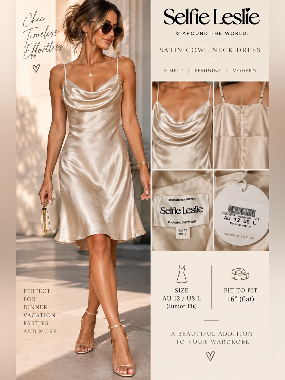 Selfie Leslie Champagne Satin Cowl Neck Slip Dress